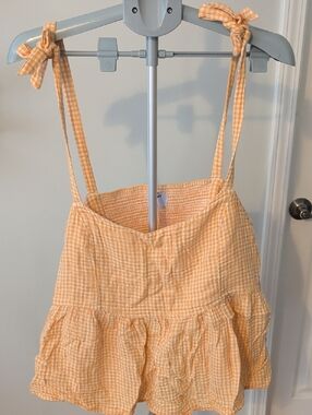 Gingham Tie-Shoulder Tiered Blouse - Yellow